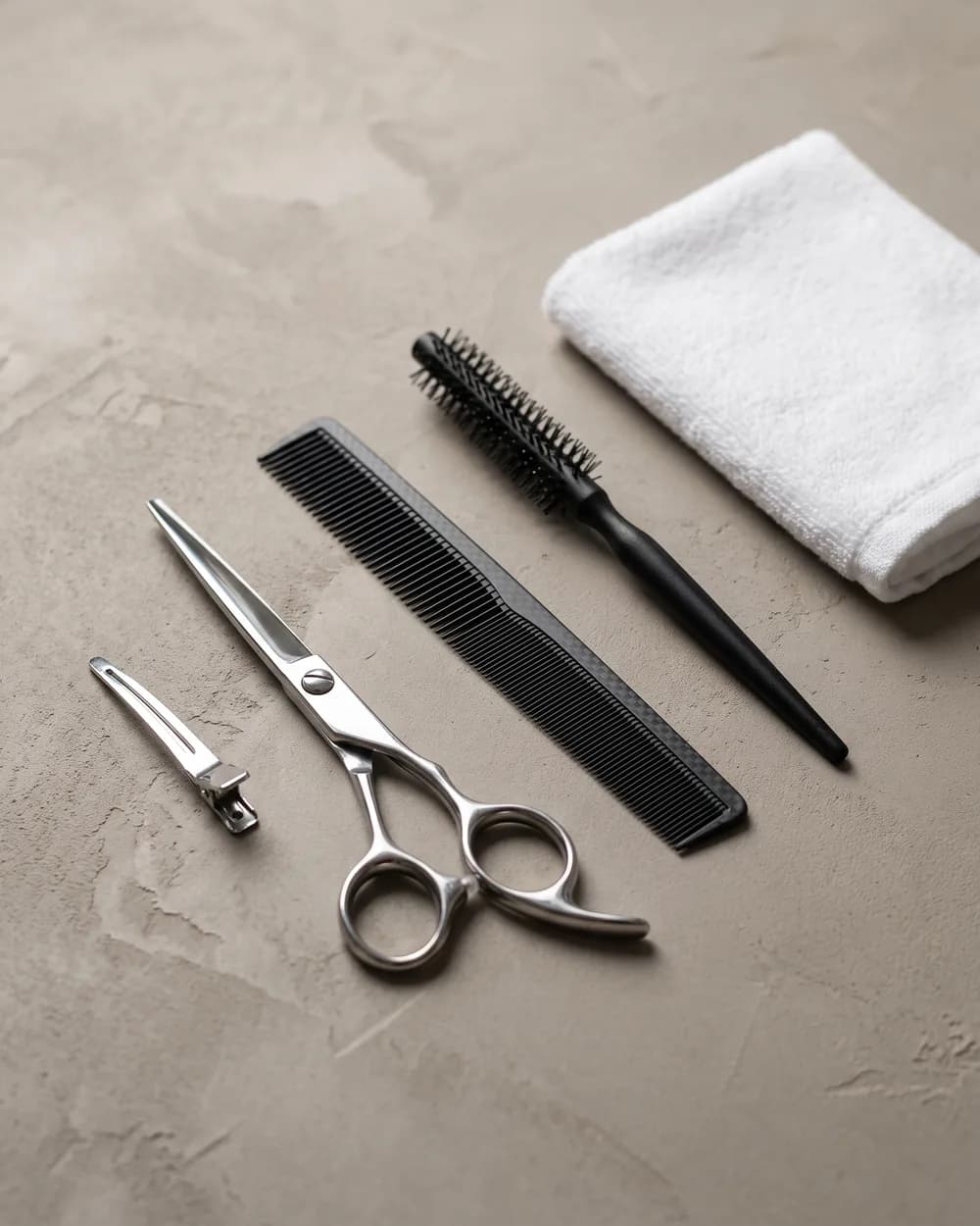 Symbolbild: Friseurwerkzeug — Schere, Kamm, Rundbürste, Clip und ein weißes Handtuch.